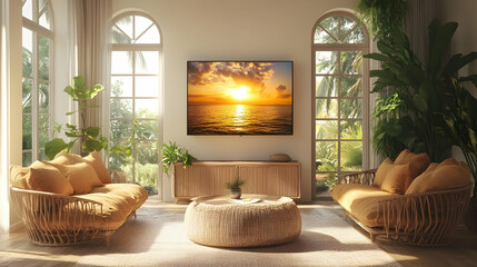 Tropical Living Room Interior Design with Sunset Illustration