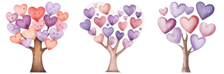 Heart shaped trees with purple and lilac hearts create whimsical scene