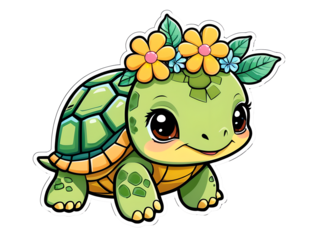 Adorable Turtle Sticker with Flower Crown: Kawaii Contour Vector Art on White Background