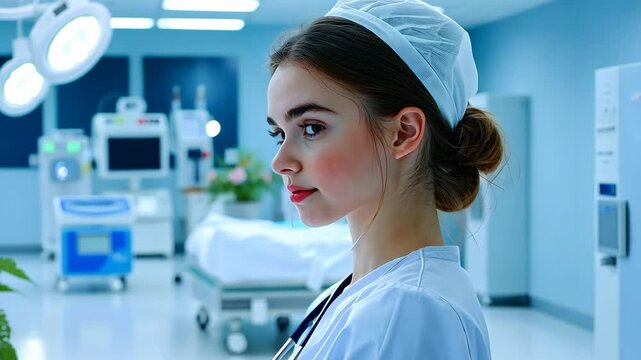 Confident and professional young female nurse woman medical professional in a close up portrait wearing a pristine white uniform