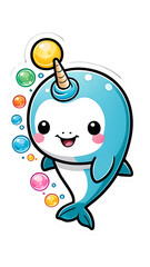 Narwhal Bliss: Kawaii Contour Stickers on White Vector Background