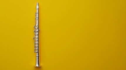 Silver Flute on Yellow Background Musical Instrument