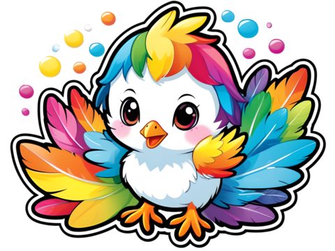 Kawaii Rainbow Chick Sticker: Playful, Contour Vector on White Background