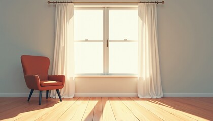 Fototapeta premium Minimalistic Lonely Room with a Chair by the Window, Soft Shadows on Wooden Floor, Calm and Serene