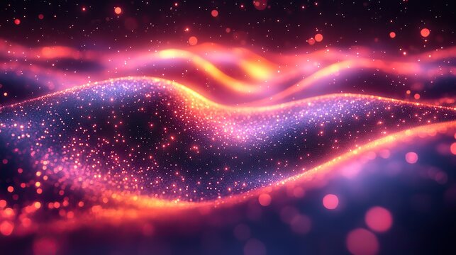 This 3D abstract art depicts a stream of bokeh lights, symbolizing the future of light travel and digital cybersecurity. The pattern of flowing energy resembles cloud computing