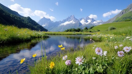 Scenic mountain landscape with flowers and a tranquil stream.