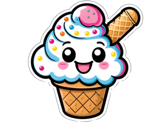 Kawaii Smiling Ice Cream Cone Sticker with Sprinkles on White Background