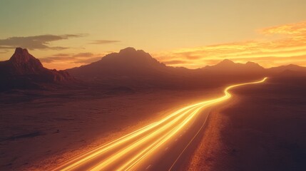 Fototapeta premium Desert highway at sunset with light trails.