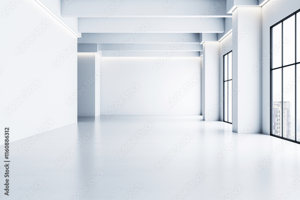 Poster Minimalist empty interior gallery with white walls, clean floor, and large windows, illuminated by soft light. 3D Rendering