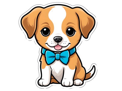 Cute Puppy Sticker with Bowtie: Kawaii Contour Vector on White Background