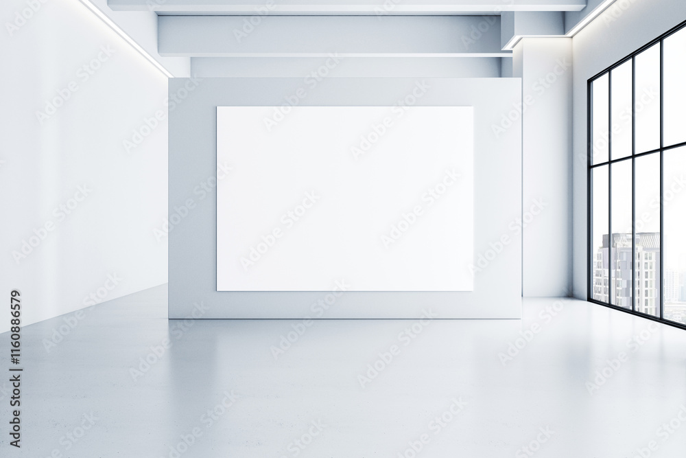 Poster minimalistic interior with a blank white canvas in a modern gallery, light-filled room with large wi