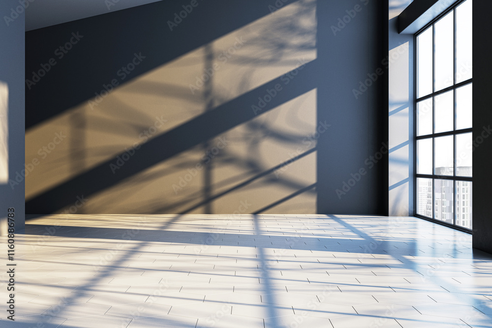 Poster Modern interior with sunlight casting shadows on tiled floor in an empty room with large windows and a clean wall. 3D Rendering