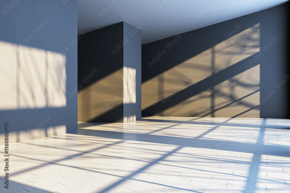Aufkleber Empty modern room with sunlight streaming through large windows, creating geometric patterns on walls and tiled floor. 3D Rendering
