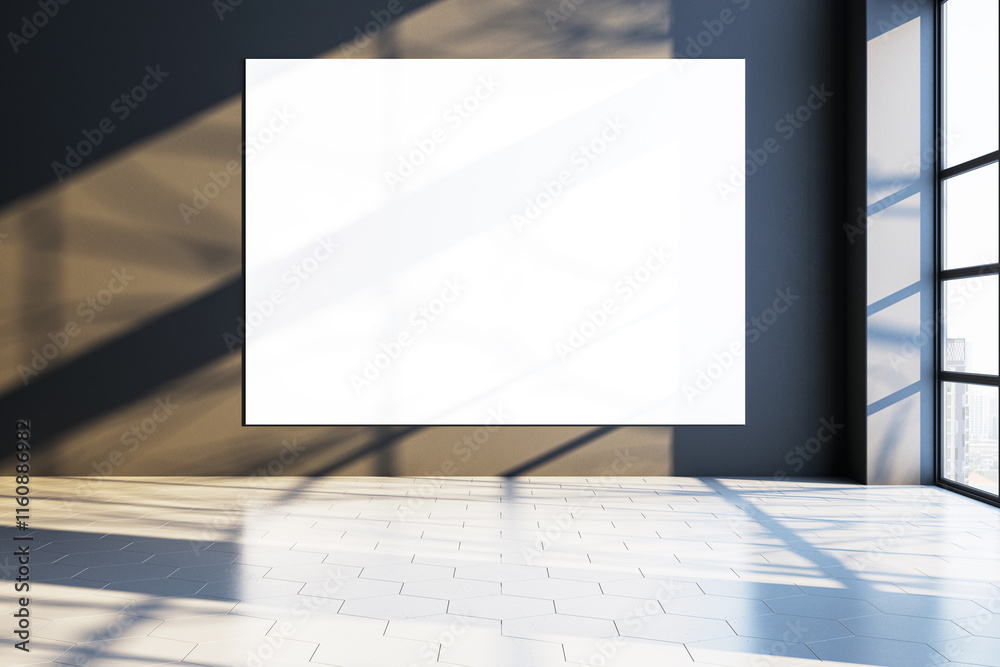 Poster blank white canvas on dark wall in modern gallery with sunlit interior and large windows. 3d renderi
