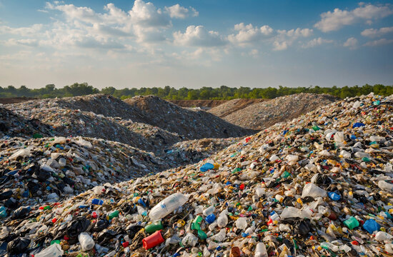 A landfill overflowing with garbage and plastic waste