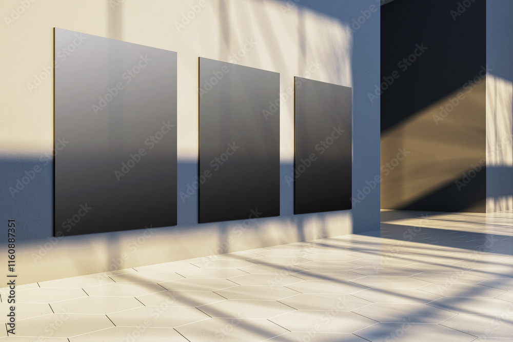Poster modern gallery interior with three blank black panels on a beige wall, illuminated by natural light 