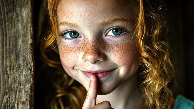 Young girl with curly red hair and freckles playfully poses with a finger on her lips