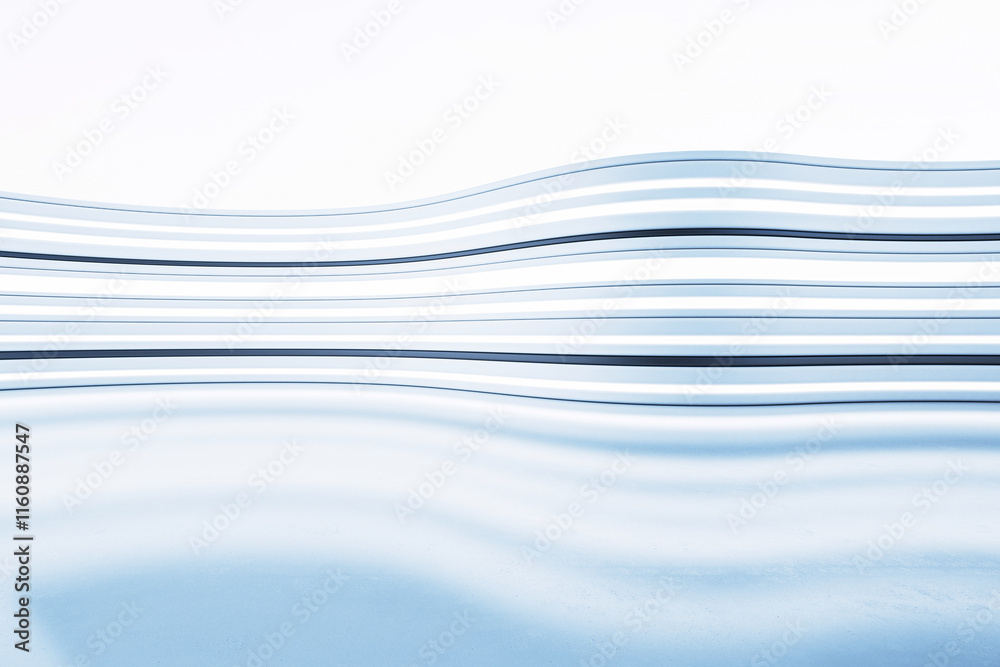 Poster Abstract interior design with wavy light blue and white horizontal lines on a smooth surface. 3D Rendering