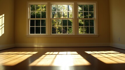 Sunlight Streams Through Large Windows into an Empty Room