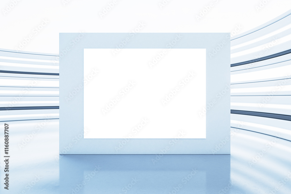 Poster Modern gallery interior with blank illuminated white frame on blue background in futuristic room with curved walls. 3D Rendering