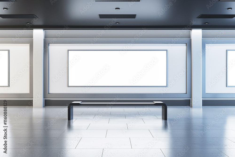 Poster Modern interior gallery room with empty framed walls and a bench in a clean, minimalist design. 3D Rendering
