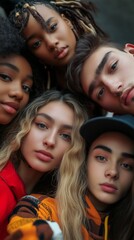 Obraz premium Group of young social creators, multi gender, multi-ethnic, all look to viewer, taking a selfie