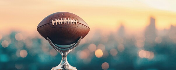 Vintage Football Trophy on Stand Against Urban Sunset Background