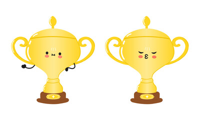 Cute cartoon Golden trophy cup character with a smiling.. Vector hand drawn cartoon kawaii character illustration icon. Isolated on white background. Golden trophy cup character concept