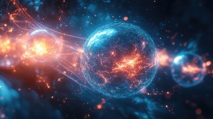 Obraz premium Cosmic spheres collide, illuminating dark space with vibrant ene