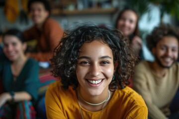 Biracial woman smiling with friends  showcasing remote work lifestyle.