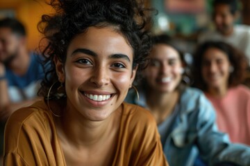 Obraz premium Biracial woman smiling with friends showcasing remote work lifestyle.