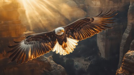 Fototapeta premium Majestic Eagle Soaring Through Sunrise Mountains