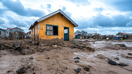Climate change ecosystem global crisis. Abandoned house amid flood destruction