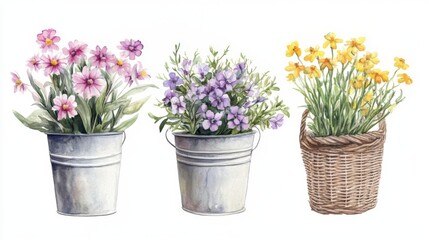 Watercolor Floral Arrangement in Vintage Pots and Basket