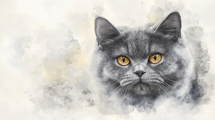 Majestic British Shorthair Cat Portrait in Watercolor Style