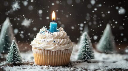 Snowy winter cupcake with a single lit candle.