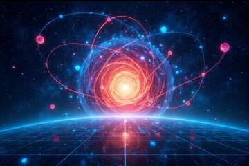 Obraz premium Quantum diagrams visualized as dynamic light paths on a clean grid