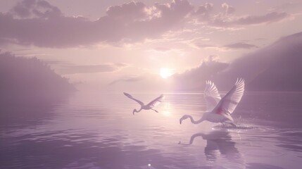 Obraz premium Two flamingos taking flight over a calm lake at sunrise.