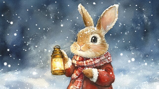 Winter Night Rabbit with Lantern - A Magical Christmas Scene