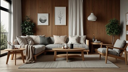 Cozy living room interior, Scandinavian style. Wooden furniture and elegant.