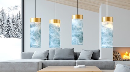 Modern Living Room with Blue Glass Pendant Lights   Mountain View
