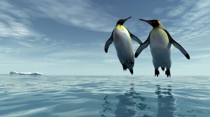Obraz premium Two penguins leaping joyfully over calm ocean water near an iceberg under a bright sky.