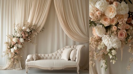 Maternity backdrop, wedding backdrop, photography background with floral arrangements in cream and beige colors