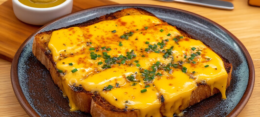National welsh rarebit day, thick slice of toasted bread with golden cheese sauce, melted cheese perfectly browned and bubbling, classic comfort food, cheesy delight