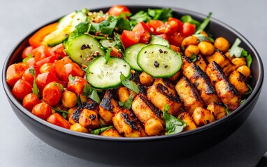 Grilled vegetable bowl with zucchini, cherry tomatoes, and caramelized carrots, seasoned with fresh herbs and served for a Mediterranean inspired vegan feast