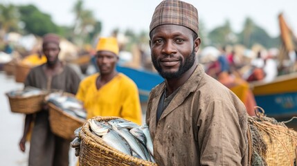 Fototapeta premium A fisherman proudly holds a basket of fish at a busy market by the water.