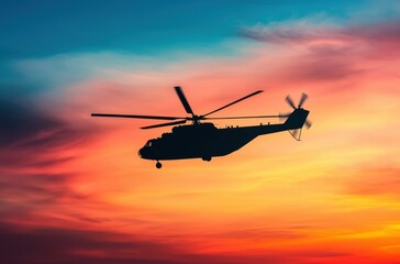 Fototapeta premium Helicopter Silhouette Against Colorful Sunset Sky Background