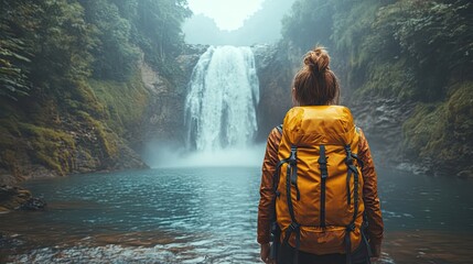 Obraz premium waterfall and selfie with hiking gear for travel freedom or vacation health activity with person on landscape view