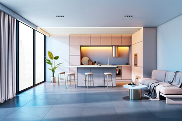 Modern cozy kitchen and living area with sleek furniture, island, stools, and large windows overlooking a city view. 3D Rendering