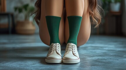 Woman's legs in green socks and cream canvas shoes, sitting on floor.